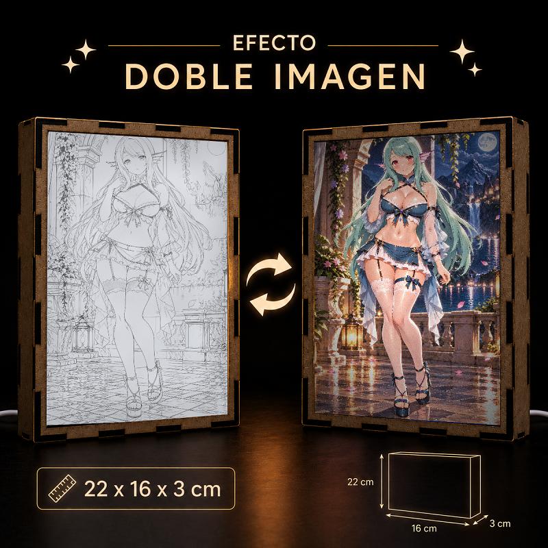 Lámpara LED Remia - Terraza nocturna con lago y castillo iluminado - producto AnimeWaifu