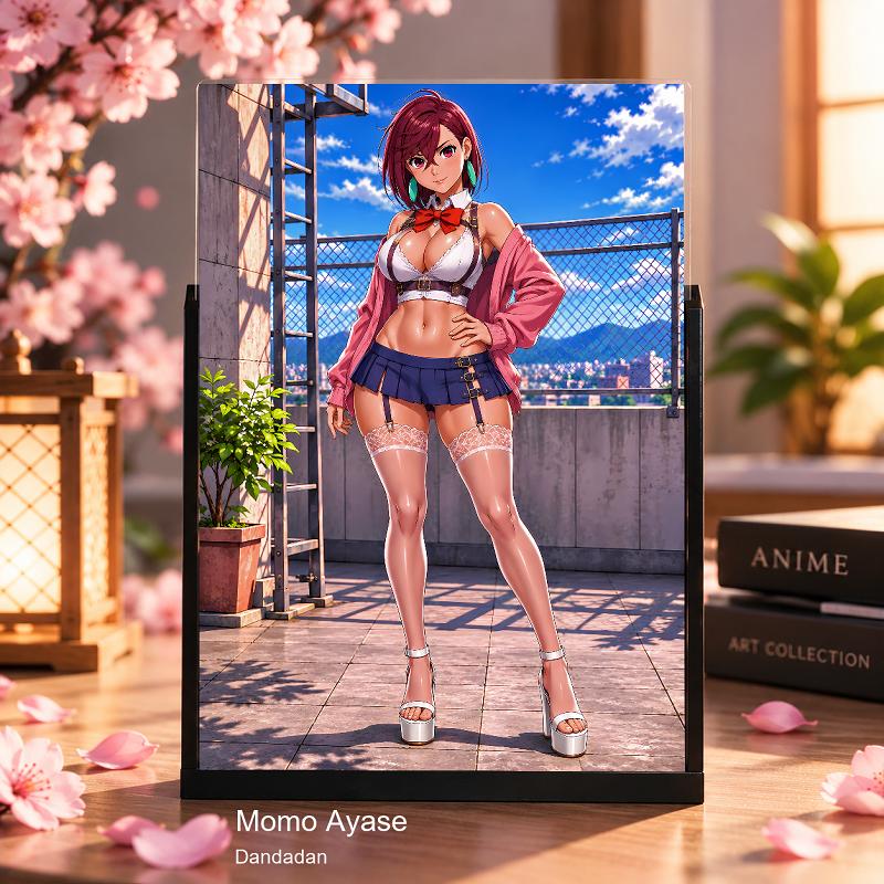 Expositor 3D Momo Ayase Dandadan - Chaqueta rosa y azotea - producto AnimeWaifu
