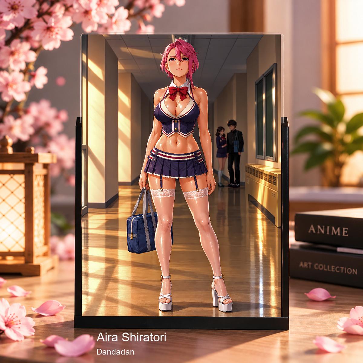 Expositor 3D Aira Shiratori Dandadan - Uniforme azul y pasillo escolar - producto AnimeWaifu