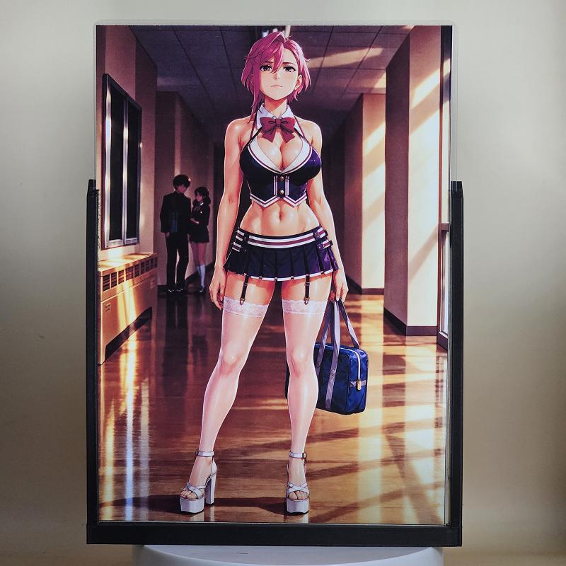 Expositor 3D Aira Shiratori Dandadan - Uniforme azul y pasillo escolar - lámpara apagada